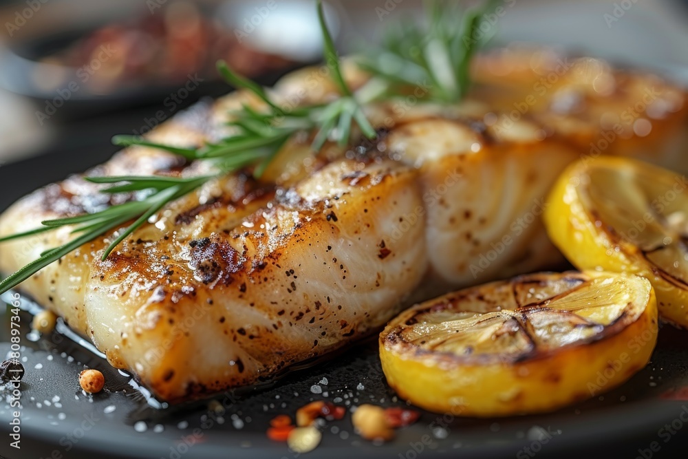 Seared scallops on a plate, beautifully caramelized, accompanied by grilled lemon slices and a sprinkle of spices Seared scallops on a plate, beautifully caramelized, accompanied by grilled lemon slices and a sprinkle of spices