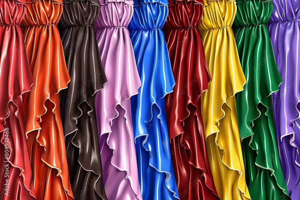 A gay pride lgbtq, abstract concept made out of many fluid dresses each one with a lgtbq flag color, hanging