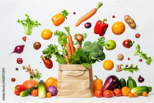 A dynamic image of fresh vegetables and herbs gracefully floating out of a paper grocery bag, symbolizing healthy eating and freshness.