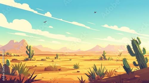 Summer vector illustration with beautiful background. Desert  sand  mountains  grass  cactus  sky  sun and clouds.