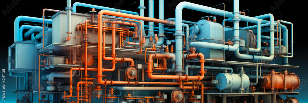 Complex Industrial Piping System in Factory with Varied Metal Pipes and Equipment Under Blue Lighting