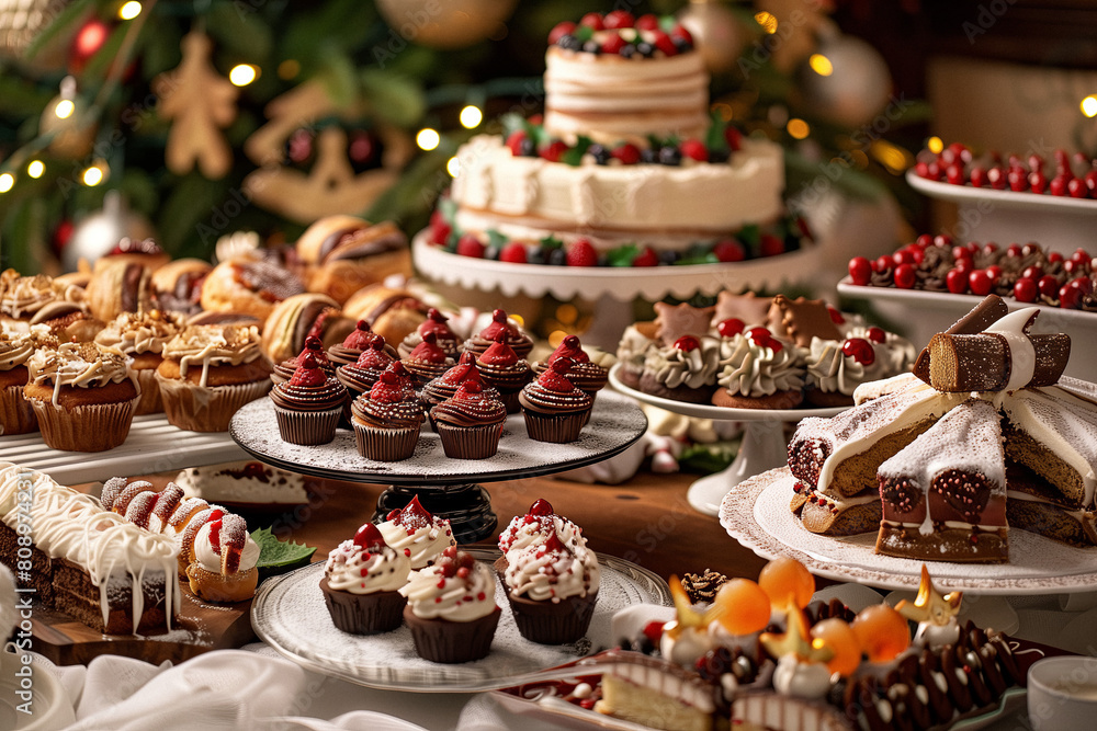 Festive Feast: A Table of Holiday Desserts. A sumptuous spread of holiday desserts with a festive backdrop, ready to celebrate the season. Festive Feast: A Table of Holiday Desserts. A sumptuous spread of holiday desserts with a festive backdrop, ready to celebrate the season.