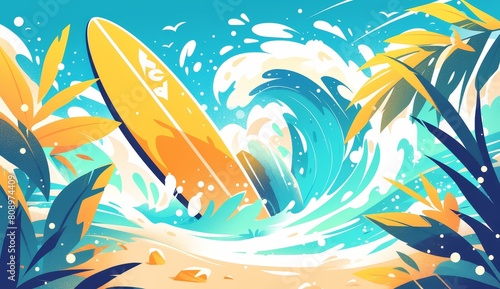 Surfboard leaning against the wave on the beach, with waves in background, on flat color background