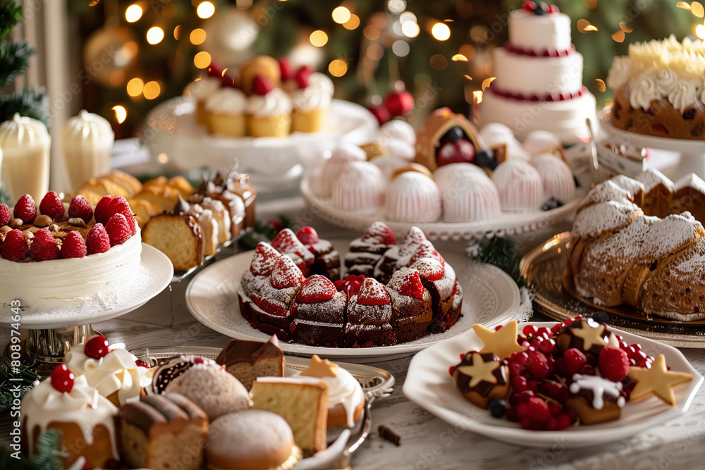 Festive Feast: A Table of Holiday Desserts. A sumptuous spread of holiday desserts with a festive backdrop, ready to celebrate the season. Festive Feast: A Table of Holiday Desserts. A sumptuous spread of holiday desserts with a festive backdrop, ready to celebrate the season.