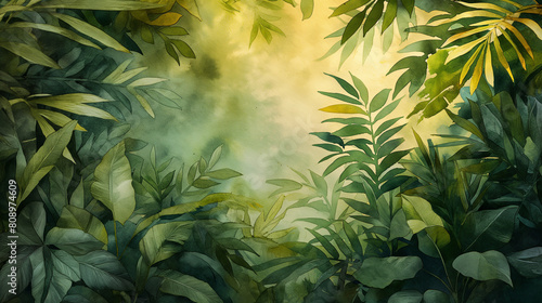A painting of a lush green jungle with a lot of leaves and vines