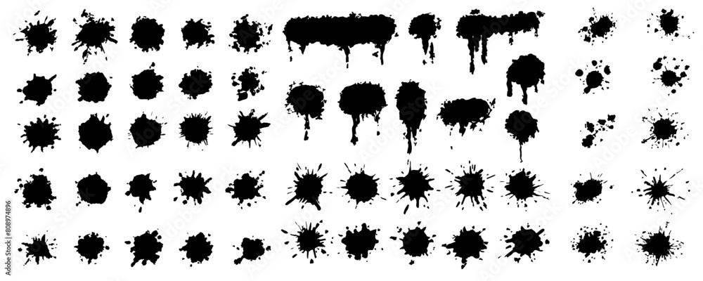 Drops and sprays of ink. Black paint splatters. Blotter spots, liquid paint drip drop splash and ink splatter. Artistic dirty grunge abstract spot vector set. Drops and sprays of ink. Black paint splatters. Blotter spots, liquid paint drip drop splash and ink splatter. Artistic dirty grunge abstract spot vector set.