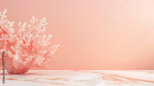 Pink Coral on Marble Surface with Soft Peach Background. Minimal natural background for product presentation. Empty copy space. Generative AI