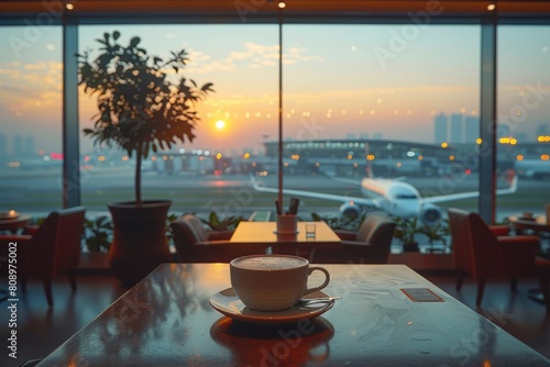 A tranquil airport lounge view capturing a serene sunrise and a steaming cup of coffee  inviting relaxation before a flight