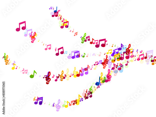 A dynamic swirl of colorful music notes floating on a white background  capturing the essence of rhythm and movement in music.