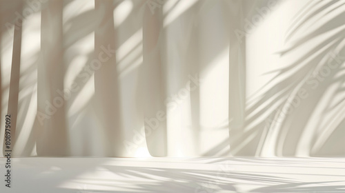 Soft morning light casting shadows through vertical blinds on a tranquil bedroom wall with beige curtains. Empty copy space for design or product presentation. Generative AI