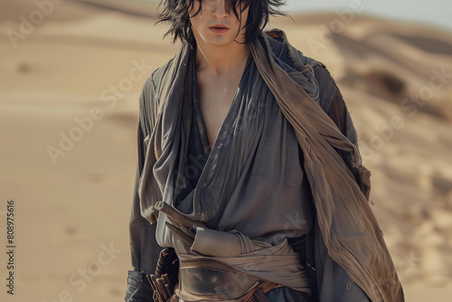young man with black hair, wearing gray linen and brown cloth wrapped around his waist, stands in the desert, full body photo, anime art style, fantasy characters, handsome