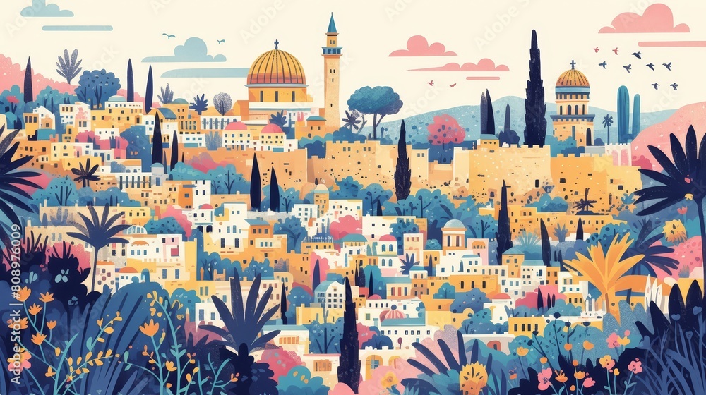 A pattern of Jerusalem's old city with its domes and towers