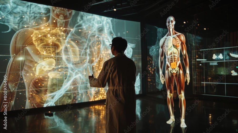 As the doctor gazes at the screen he is captivated by the mesmerizing projection revealing the marvels of the human body, Generated by AI
