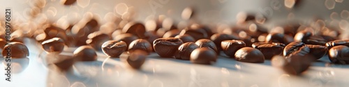 Artfully Arranged Freshly Roasted Coffee Beans on Crisp White Backdrop with Delicate Shadows and Reflections