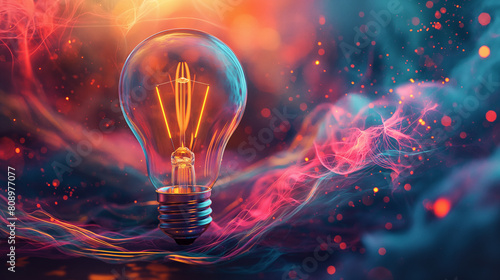 A light bulb is lit up in a colorful background