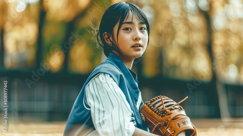 一人の野球少女が野球場でグローブを持っているポートレート写真