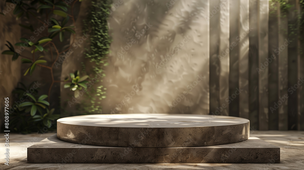 Stone pedestal in a sunlit garden with leaves. Minimal natural background for product presentation. Copy space. Generative AI Stone pedestal in a sunlit garden with leaves. Minimal natural background for product presentation. Copy space. Generative AI