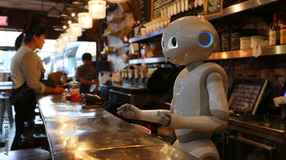 A humanoid robot interacts with a barista in a bustling coffee shop environment, demonstrating advanced service automation.