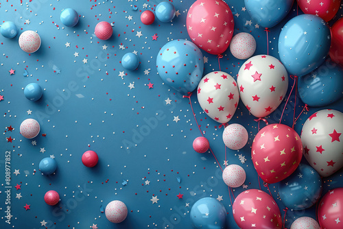 A close-up of bunch of balloons with red, white, and blue balloons, 4th of July celebration, American flag in background, party atmosphere, holiday season.