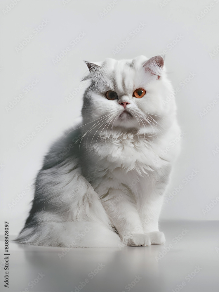 A white, fluffy cat with striking amber eyes. The cat is positioned centrally, facing the viewer, and appears to be sitting on a smooth