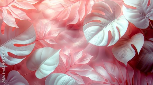 A close up of a pink and white flowery background with a lot of white leaves