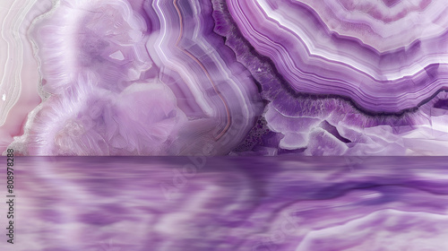 Empty copy space with simple wall and floor from vibrant purple amethyst crystals with banded agate. Background of a gemstone texture for product presentation. Backdrop for design. Generative AI
