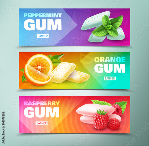 Set of horizontal ad banners realistic chewing gum with various flavor isolated on colorful