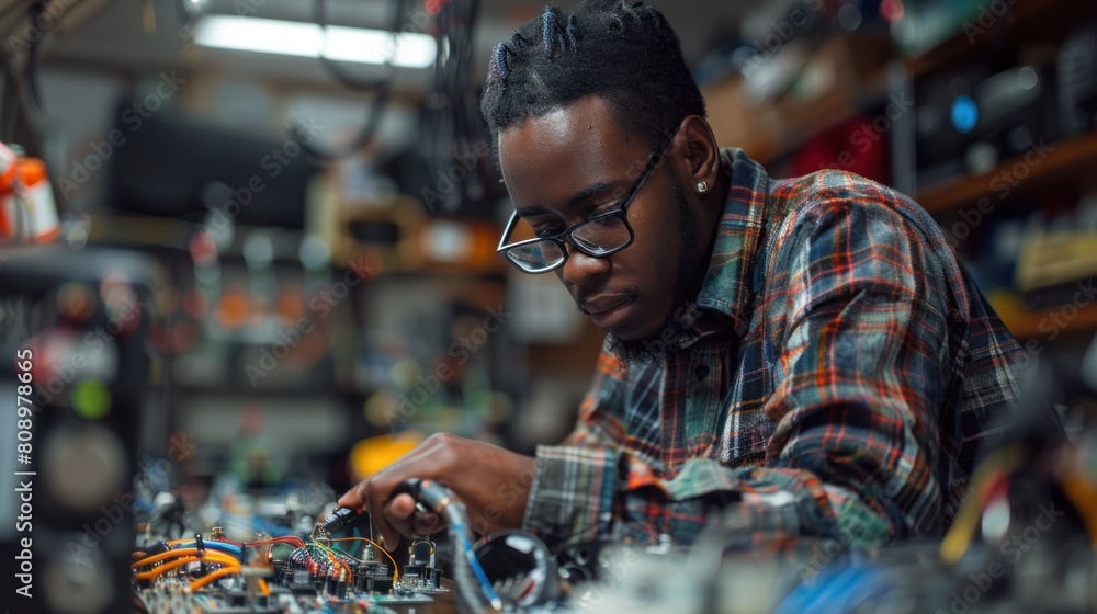 As African American engineers soldered wires, their expertise defined their work. to bring the robot to life As African American engineers soldered wires, their expertise defined their work. to bring the robot to life