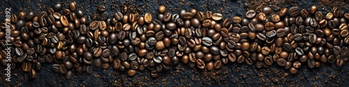Captivating Overhead Shot of Freshly Roasted Coffee Beans with Rich Dark Hues and Varied Patterns Delicate Shadows and Reflections Adding Depth and