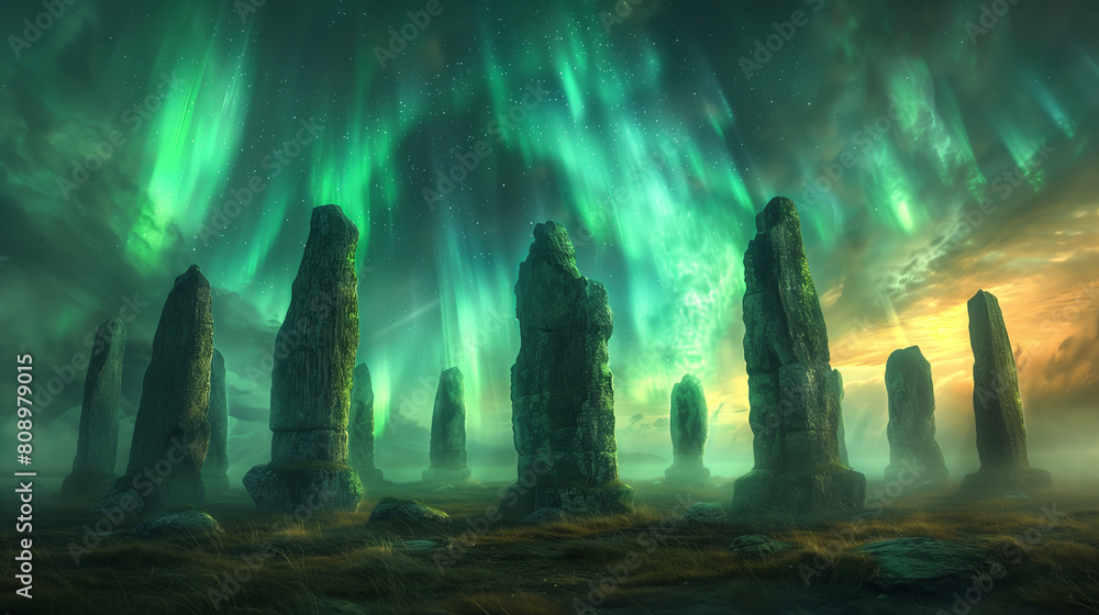 A mystical ancient Celtic grove of standing stones under the aurora borealis, with glowing green lights and ethereal energy in an otherworldly landscape