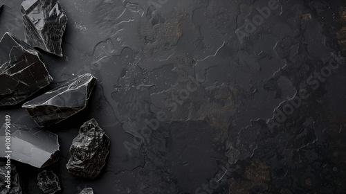 Assorted black mineral rocks on textured dark background. Minimal background with empty copy space for design. Generative AI photo