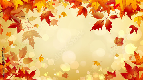 A border of vibrant orange maple leaves adorns a branch  with a soft bokeh background  exuding autumnal vibes.