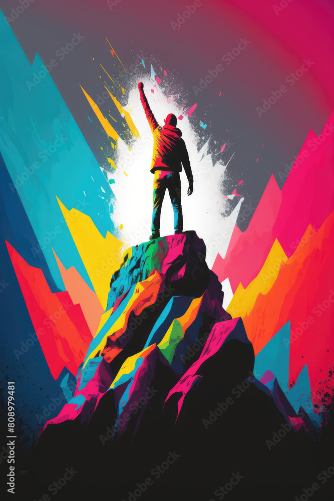 Fototapeta premium successful man on top of mountain a growth concept