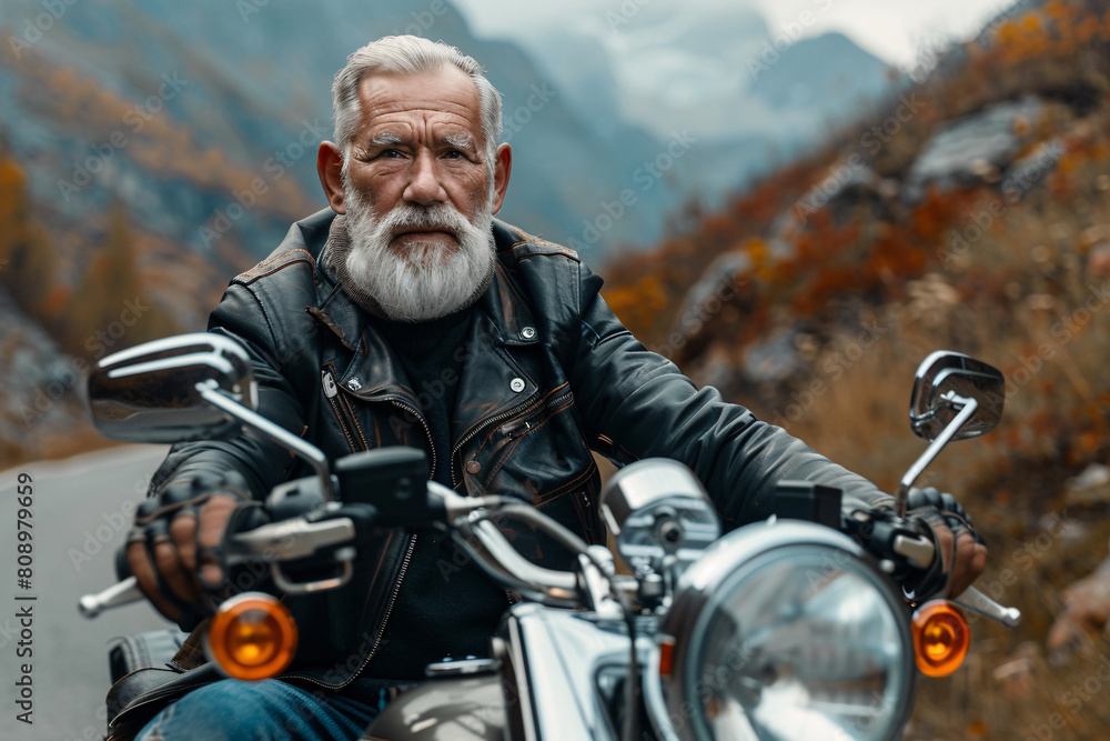 Senior man on bike in black jacket rides on motocycle in mountains