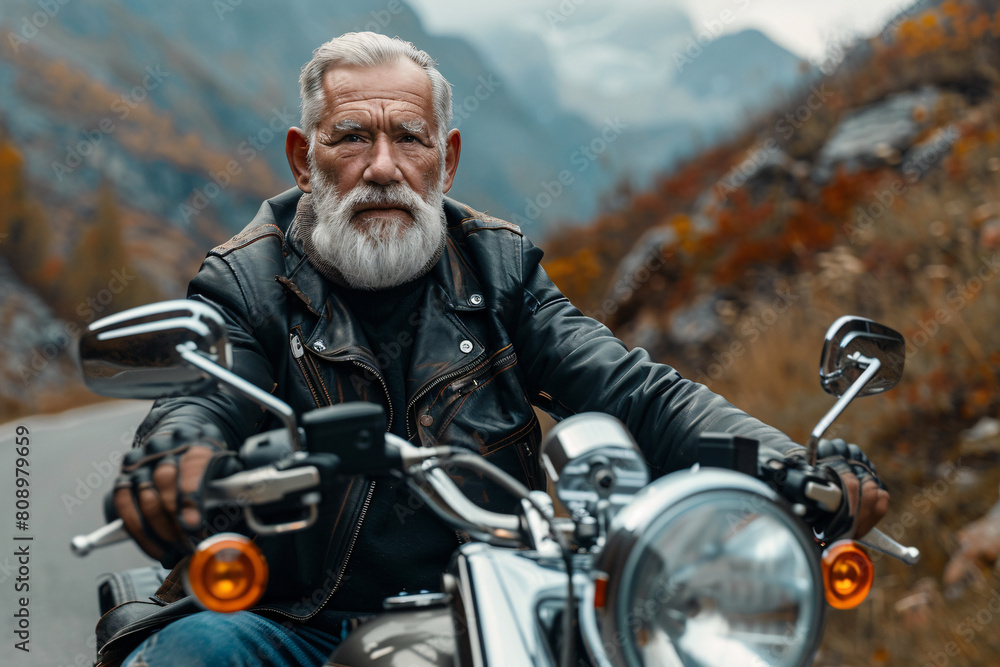 Fototapeta premium Senior man on bike in black jacket rides on motocycle in mountains
