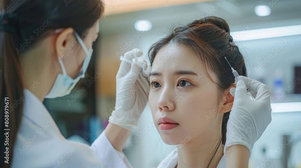 Asian Chinese female doctors focus on natural beauty enhancement. By injecting Botox with precision and care. Change the appearance of the patient's forehead Asian Chinese female doctors focus on natural beauty enhancement. By injecting Botox with precision and care. Change the appearance of the patient's forehead
