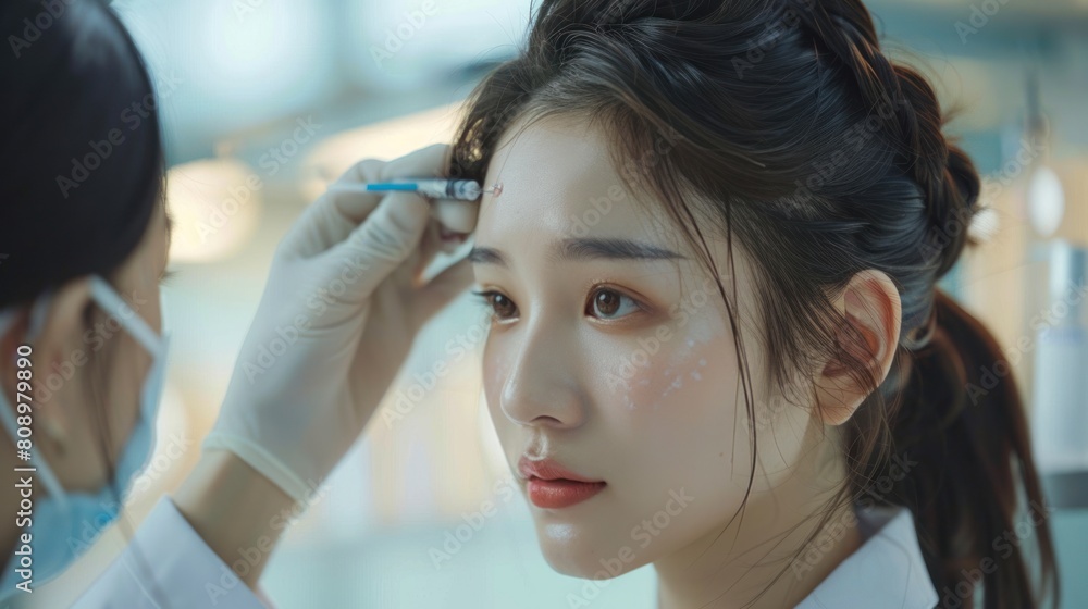 Fototapeta premium Asian Chinese female doctors focus on natural beauty enhancement. By injecting Botox with precision and care. Change the appearance of the patient's forehead