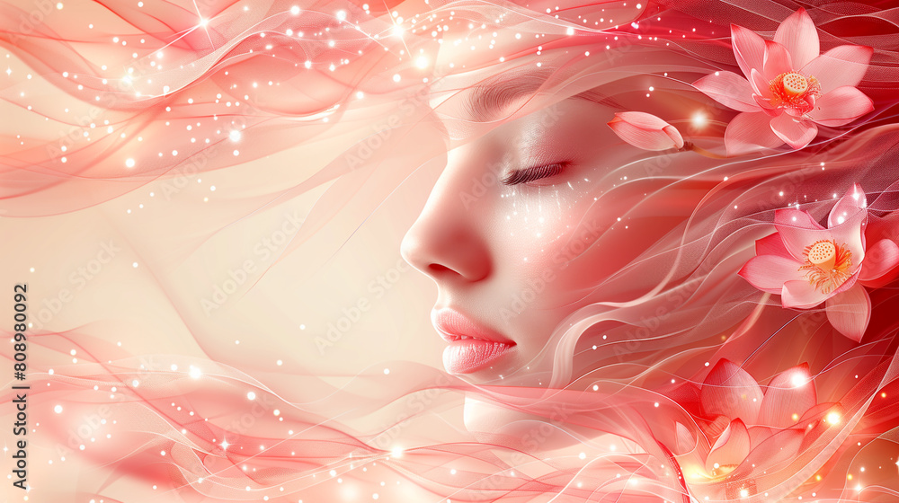 Woman's face with bright hair and waves surrounding her, long shot, realistic fantasy style, 