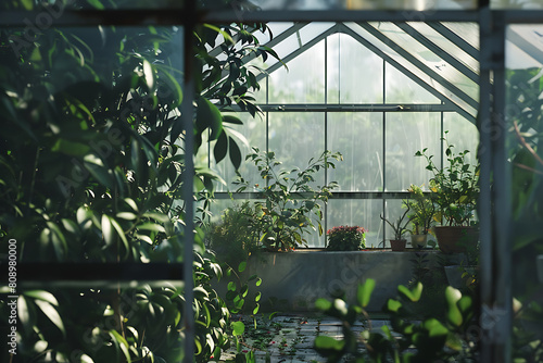 A close-up view of the sturdy metal frame of a greenhouse, highlighting its structure and durability.