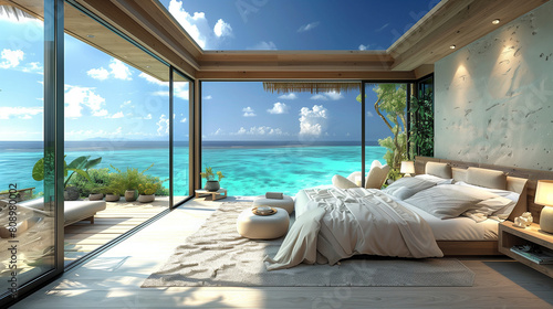 Azure Escape  Elegant Bedroom with Floor-to-Ceiling Windows  generated by IA