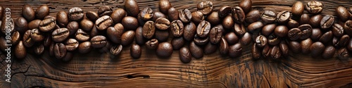 Coffee Beans Scattered Across Weathered Wooden Surface with Natural Lighting and Serene Contemplative Mood