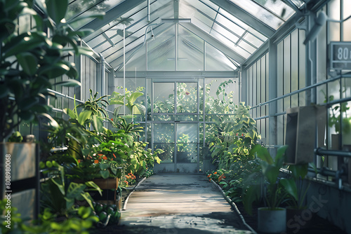 A close-up view of the sturdy metal frame of a greenhouse  highlighting its structure and durability.
