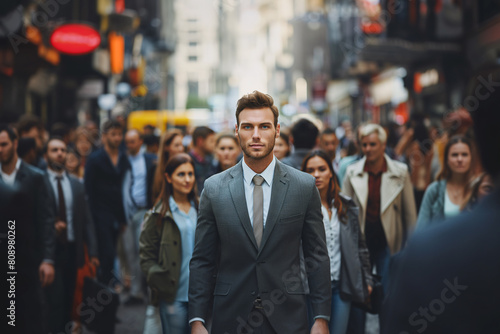young handsome businessman walking in the crowd on the street