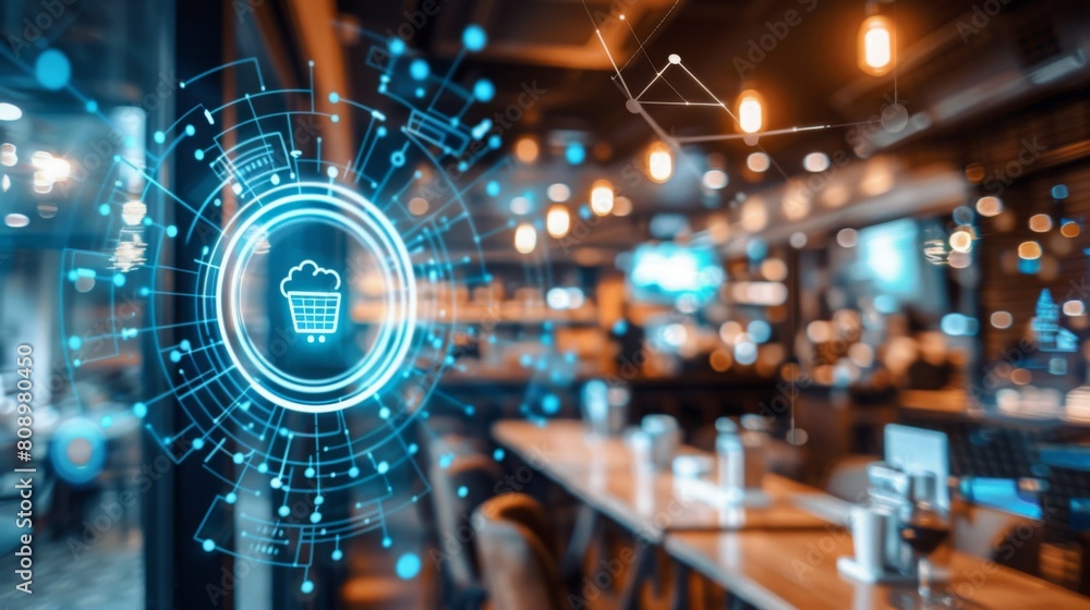 A holographic display of a shopping cart icon hovers in a modern restaurant setting, symbolizing innovative ordering systems. A holographic display of a shopping cart icon hovers in a modern restaurant setting, symbolizing innovative ordering systems.