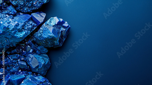 Vibrant blue azurite crystals on dark background. Minimal background with empty copy space for design. Generative AI photo