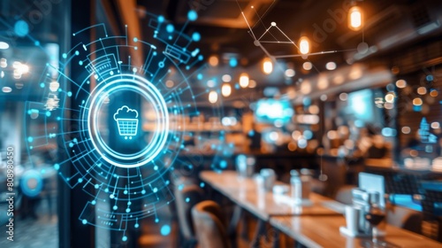 Fototapeta Naklejka Na Ścianę i Meble -  A holographic display of a shopping cart icon hovers in a modern restaurant setting, symbolizing innovative ordering systems.