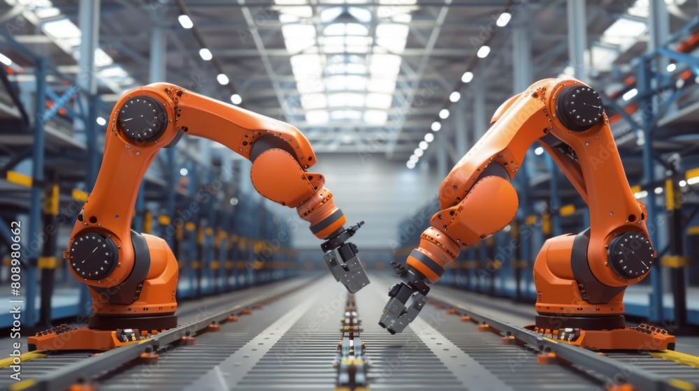 Two robotic arms with grippers engaged in precision tasks on a production line. Two robotic arms with grippers engaged in precision tasks on a production line.