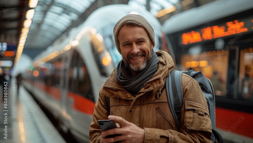 A happy man stands at the train station and looks at his mobile phone. In front of him is a German high-speed sustainable railway carriage in white, red and blue colors. He is wearing winter clothes, 