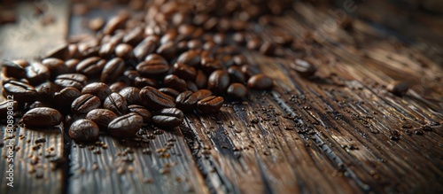 Handful of fragrant coffee beans spilled onto a rustic pine table the irregular grains and knots of the wood contrasting with the smooth glossy beans photo