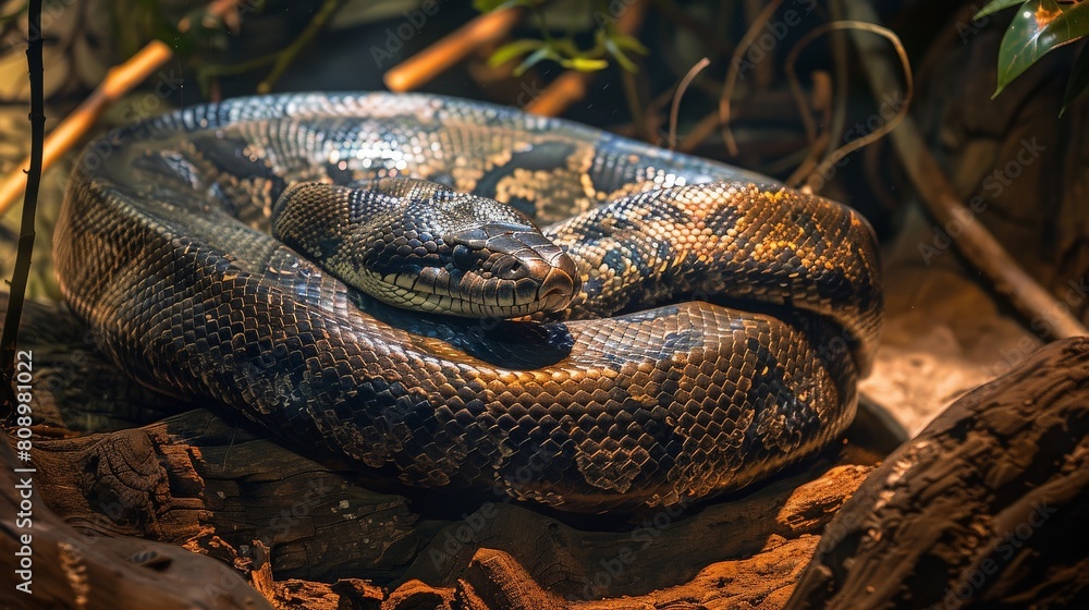 an anaconda Snake curled up basking in the warm sunlight an anaconda Snake curled up basking in the warm sunlight